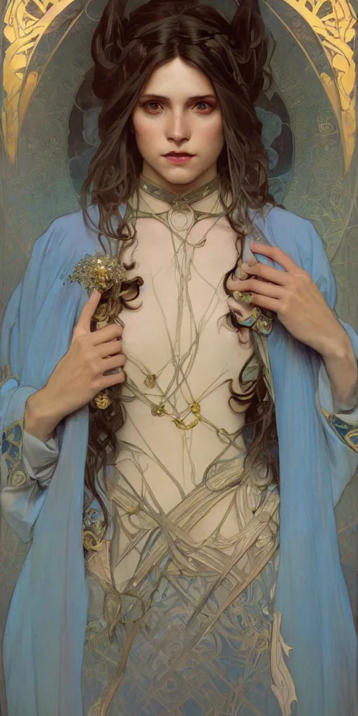 Prompt: Beautiful female wizard with blue robes wearing an intricate arcane makeup, digital art, art by Alphonse Mucha, Greg Rutkowski, Alex Ross, WLOP, Artstation, 8K