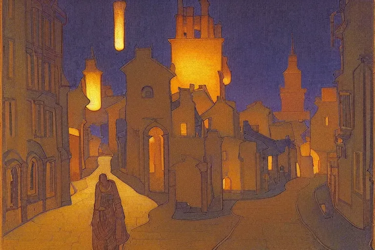 Prompt: winding street at twilight in a very old very beautiful city by Thomas Seddon and Nicholas Roerich and jean delville, glowing paper lanterns, strong dramatic cinematic lighting , ornate tiled architecture, lost civilizations, smooth, sharp focus, extremely detailed