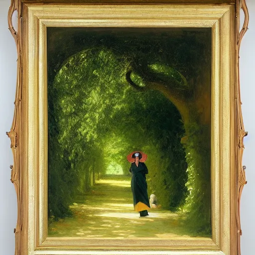 Prompt: a kind middle aged woman floating in an infinite archway tunnel of laburnum trees in bloom painted by emile friant