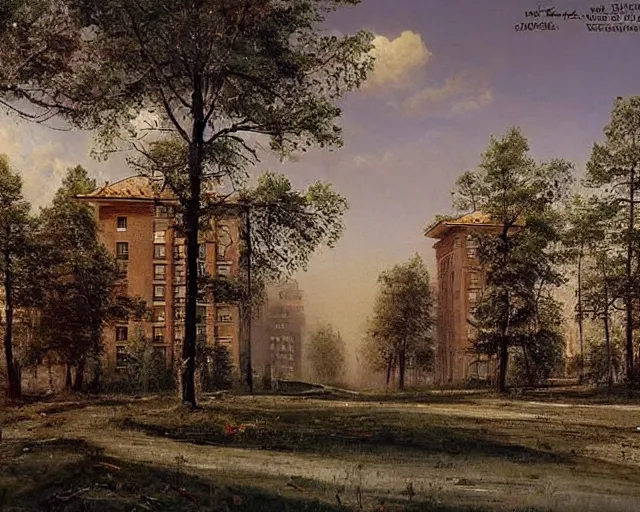 Image similar to beautiful matte painting of cute soviet block of flats hrushevka in end of forest by ivan shishkin,