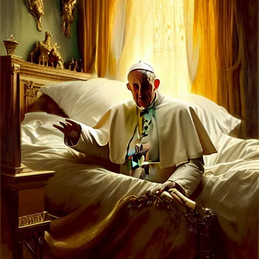 Image similar to the pope wakes up is his bed, sweating, nervous, terrified, because a double horned shadow demon lurks in the papal bedroom. highly detailed painting by gaston bussiere, j. c. leyendecker, greg rutkowski, craig mullins 8 k