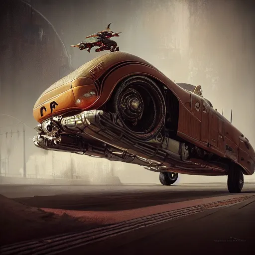 Image similar to cyborg vintage flying supercar slick warm tones : by michal karcz, daniel merriam, victo ngai and guillermo del toro : ornate, dynamic, particulate, intricate, elegant, highly detailed, centered, artstation, smooth, sharp focus, octane render