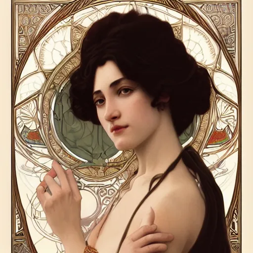 Image similar to portrait of nimueh, elegant, art nouveau, tarot card, highly detailed, digital painting, artstation, concept art, smooth, sharp focus, illustration, art by artgerm and greg rutkowski and alphonse mucha and william - adolphe bouguereau