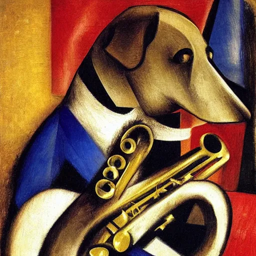 Prompt: dog playing the saxophone, sitting on the couch, medieval portrait, by franz marc