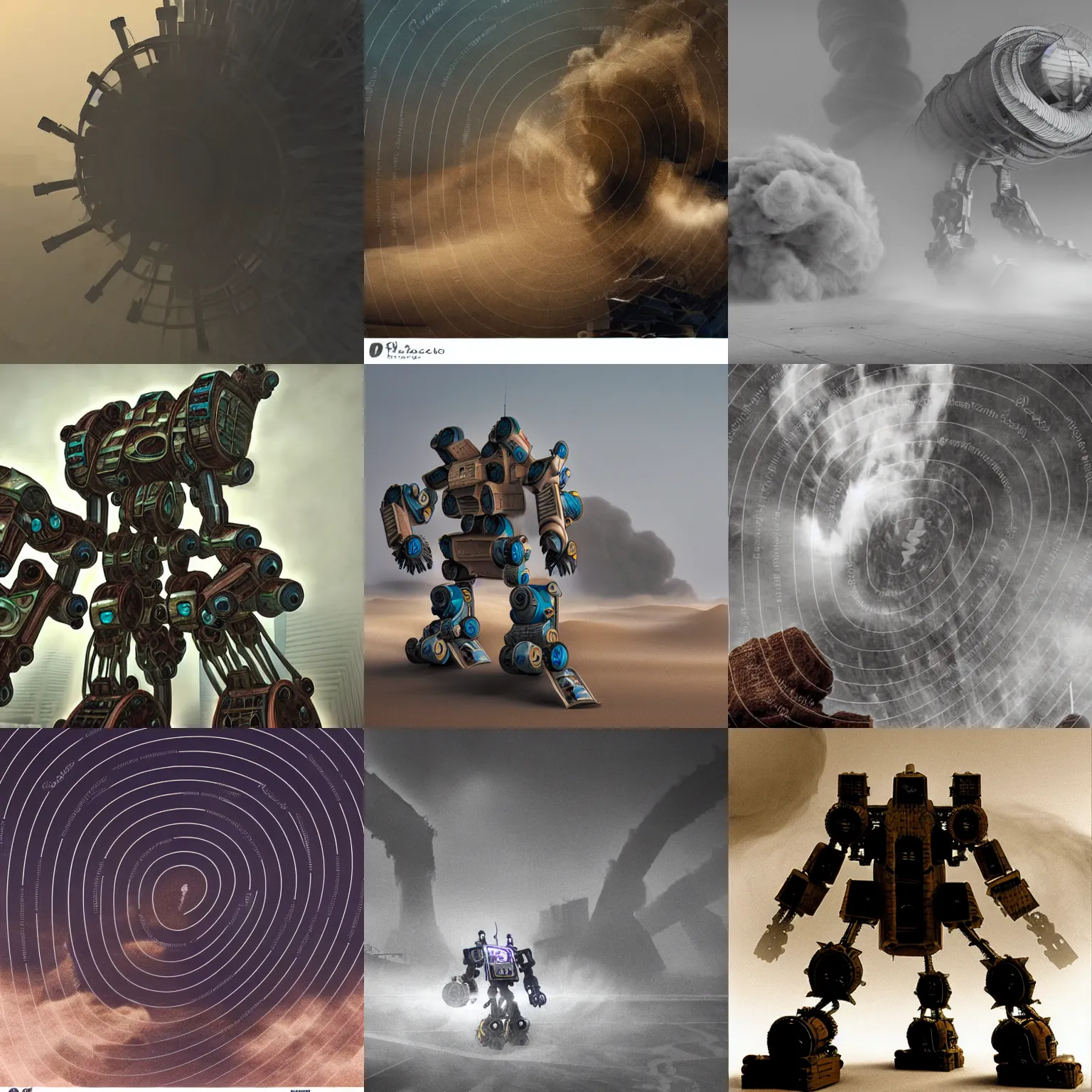 Prompt: sandstorm smog particles swirling, spinning, rotating, interwoven and destroy a ruin mega mech humanoid which is broken down, decomposition, disintegrating, disappearing, exposing screw, nut, pipe, circuits, wires