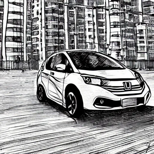 Image similar to compact honda car parked in a european city, ink manga drawing