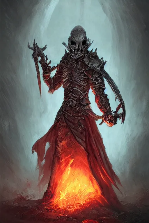 Image similar to undead flame knight with blade arms, digital art, trending on artstation, professional illustration by seb mckinnon, david romero, artgerm, ultra detailed, fantasy, unsettling, creepy, horror