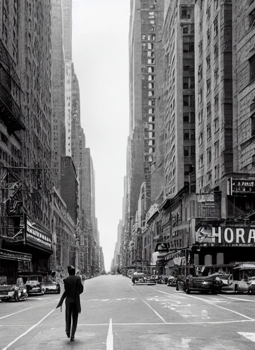 Image similar to film still, tarzan walk on the street of new york, symmetrical, 8 k, medium - format print, half body shot