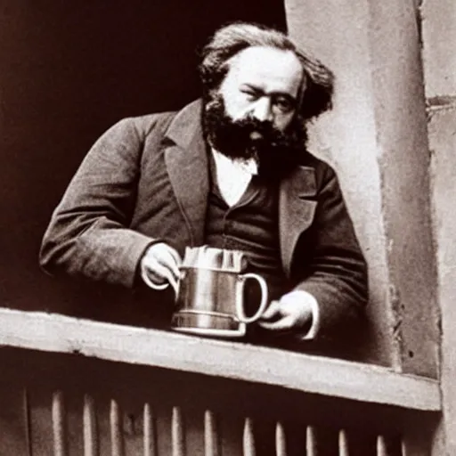 Image similar to karl marx making a cup of coffee. a bird sits on the window ledge screaming at him to hurry up