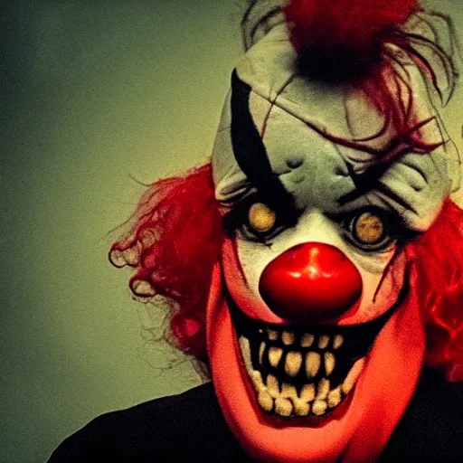 Image similar to terrifying clown, horror, creepypasta, unsettling, camera footage, found footage