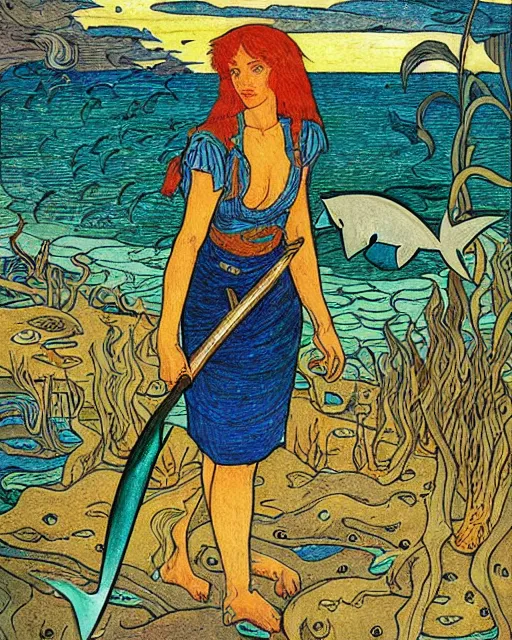 Image similar to a shark woman with melee weapons by ivan bilibin