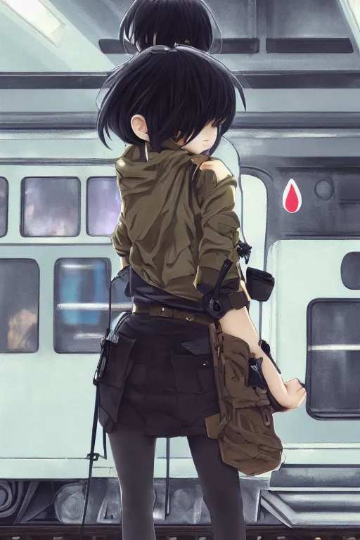 Prompt: anime girl with short black hair wearing military clothes at a train station in japan, aesthetic, wlop, digital painting, trending on artstation, highly detailed, epic composition, 8 k uhd