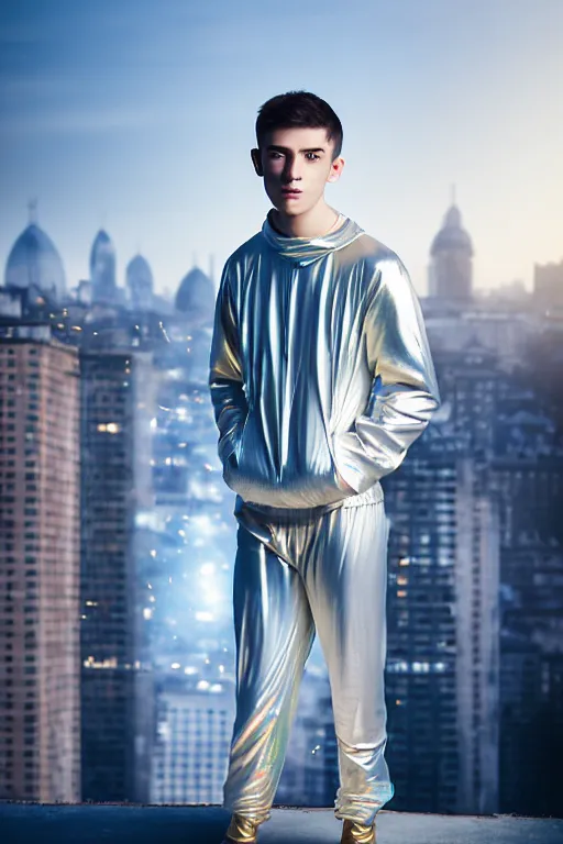 Image similar to un ultra high definition studio quality photographic art portrait of a young man standing on the rooftop of a british apartment building wearing soft baggy padded silver iridescent pearlescent clothing. three point light. extremely detailed. golden ratio, ray tracing, volumetric light, shallow depth of field. set dressed.