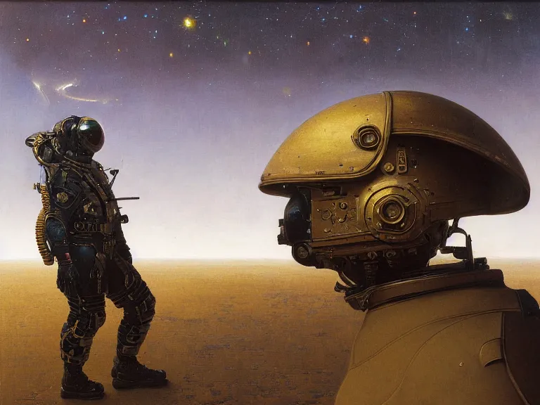 Image similar to a detailed profile oil painting of a soldier in a spacesuit with reflective helmet, advanced technology flight suit, portrait symmetrical and science fiction theme with aurora lighting clouds and stars by beksinski carl spitzweg and tuomas korpi. baroque elements, full-length view. baroque element. intricate artwork by caravaggio. Trending on artstation. 8k