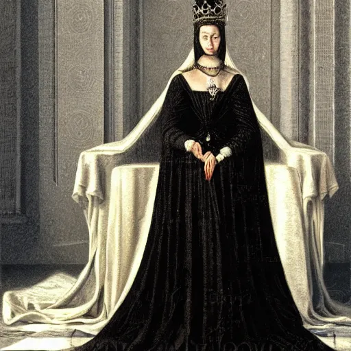 Prompt: an illustration of a queen wearing a beautiful black dress on a simple stone throne by john hawe, realistic, detailed, oil painting