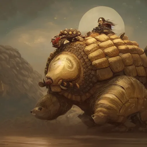 Image similar to yanonami riding a glyptodon, greg rutkowski, fantasy, intricate, elegant, highly detailed, digital painting, artstation, full body, concept art, long shot, cinematic lighting