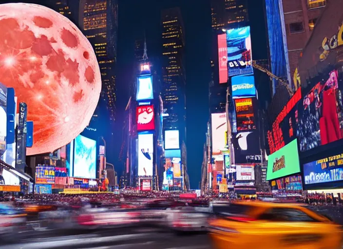 Image similar to film still of the moon shattering into pieces over time square in the new disaster movie, 8 k, night time