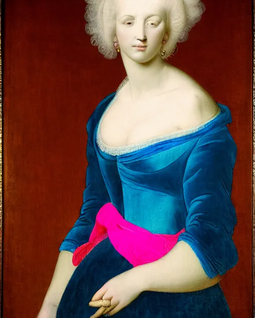 Image similar to woman with pink hair, wearing a neon blue dress by Vivienne Westwood, intricate details, masterpiece, in the style of Jean Auguste Dominique Ingres, black background