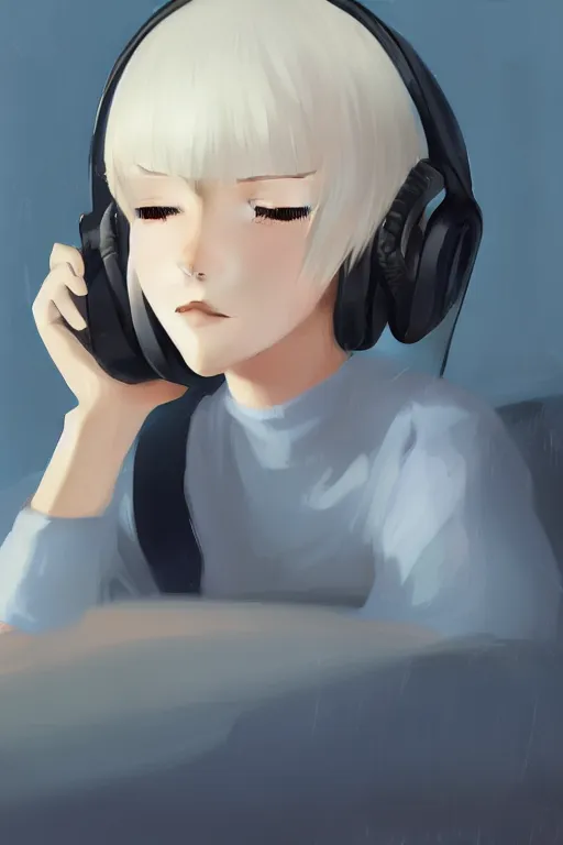 Prompt: a cute young woman sitting on a couch while listening to music with her eyes closed and wearing headphones by Ilya Kuvshinov and Range Murata, white bob cut hair, blue filter, blue and white, soft lighting, atmospheric, cinematic atmosphere, moody, Krenz Cushart, digital painting, 8k