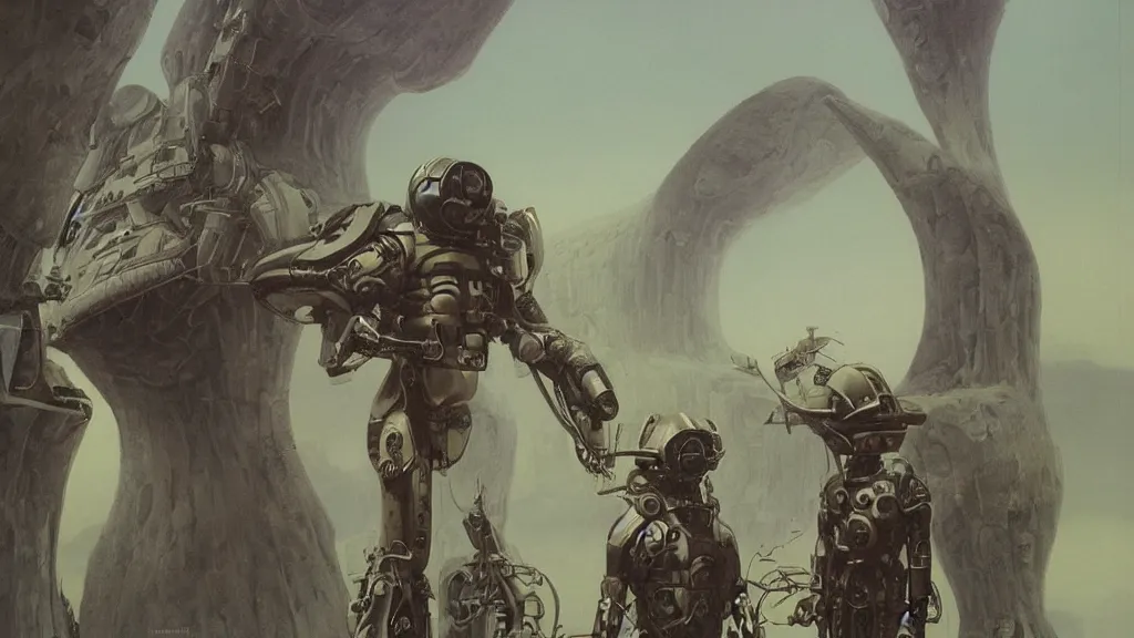 Image similar to futuristic organic spacesuit design by john schoenherr and jim burns, epic cinematic matte painting