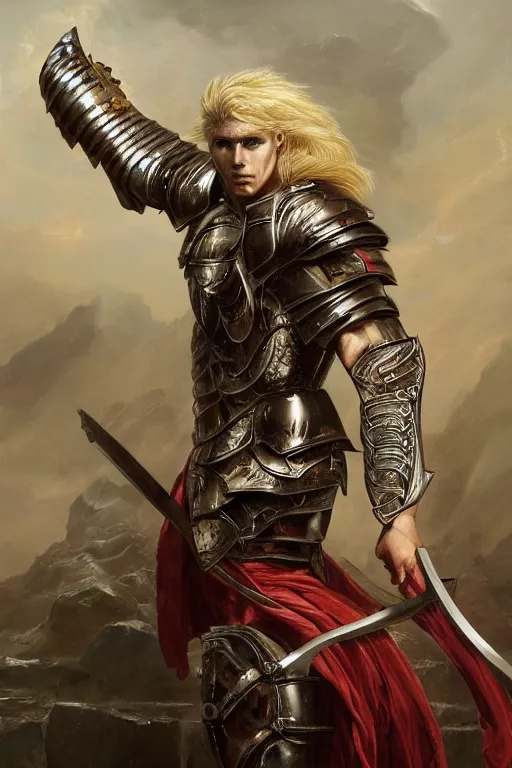 Image similar to a powerful and muscular male warrior , half body portrait, blond hair, ornate armour, realistic oil painting by Thomas Cole and Wayne Barlowe and Boris Valejo