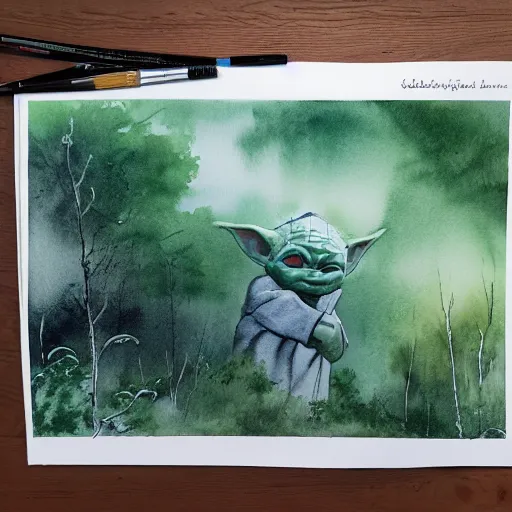 Image similar to view from above, shot from 5 0 feet distance, baby yoda on a well lit path in a dimly lit forest. dramatic clouds, setting sun, watercolor and ink, muted color. minimalist, detailed ue 5