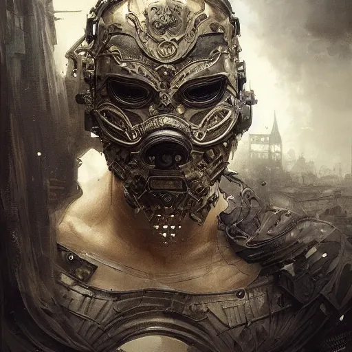 Image similar to Very very very very highly detailed epic photo of face with venetian mask, intricate, dystopian, sci-fi, extremely detailed, digital painting, artstation, concept art, smooth, sharp focus, illustration, intimidating lighting, incredible art by Greg Rutkowski and Jakub Rozalski and Artgerm and Anton Pieck