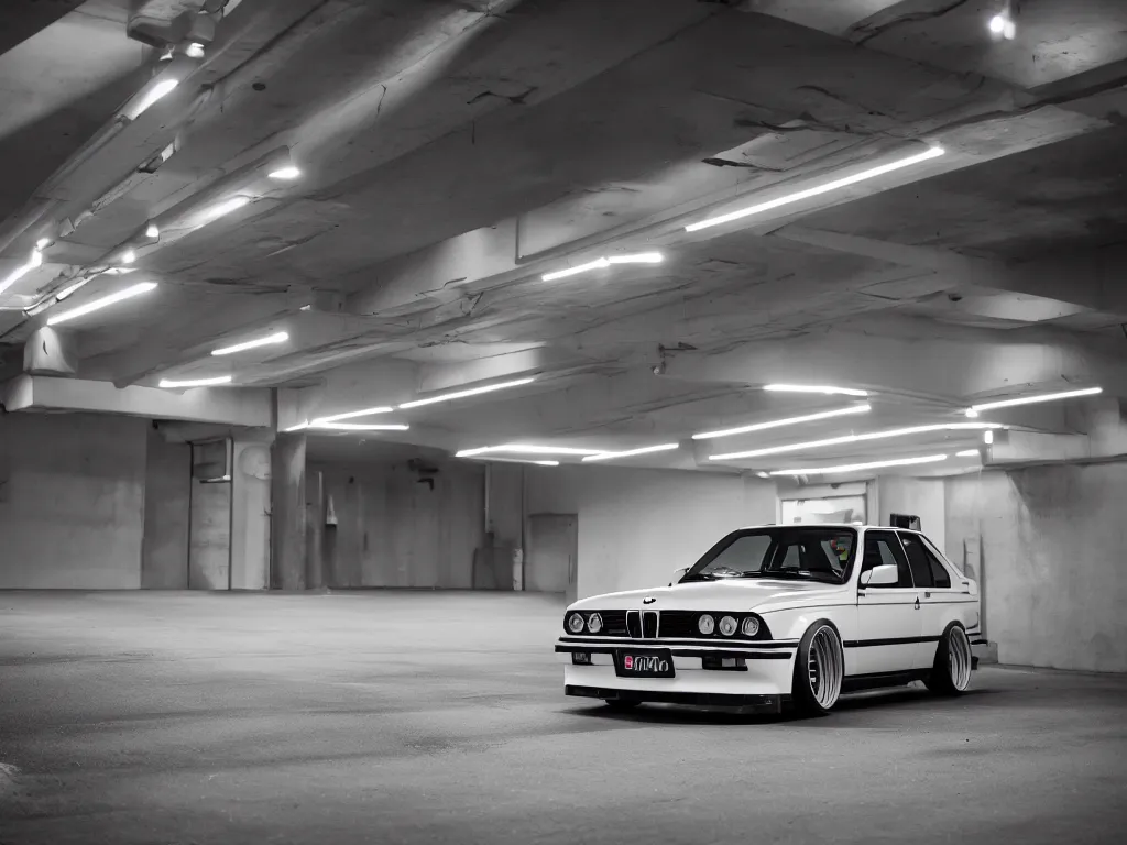 Image similar to a modified bmw e 3 0 with lights on in a futuristic neon parking garage, 3 5 mm photography, car photography, clean lines, realistic