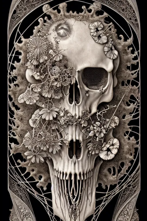 Image similar to art forms of nature by ernst haeckel, memento mori by arthur rackham, ornate antique porcelain beautiful skull mask, ultrasharp, photorealistic, hyperdetailed, octane render, polished, art nouveau, neo - gothic, gothic, intricate ornamental organic filigree, art nouveau botanicals, art forms of nature by ernst haeckel, horizontal symmetry, symbolist, visionary