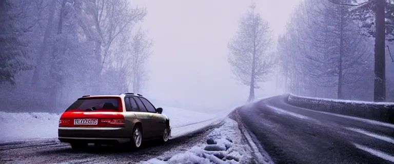 Prompt: Audi A4 B6 Avant (2002), a gritty neo-noir, dramatic bright lighting, cinematic, establishing shot, extremely high detail, photorealistic, cinematic lighting, artstation, by simon stalenhag, Snowy italian road, Snowy Apennines, At night, Poets of the Fall - Late Goodbye