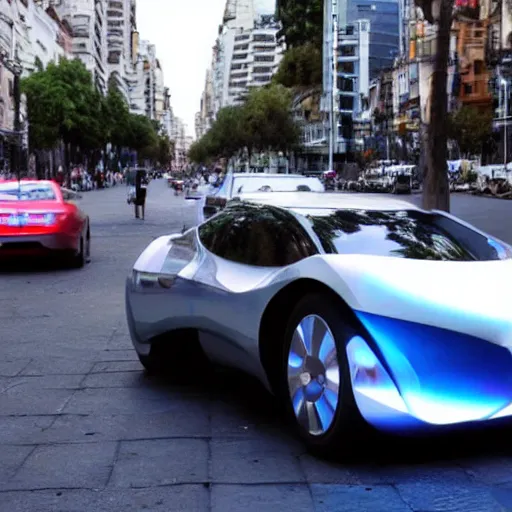 Image similar to Buenos Aires Argentina, futuristic cars in the street, holograms in the street, detailed, hd