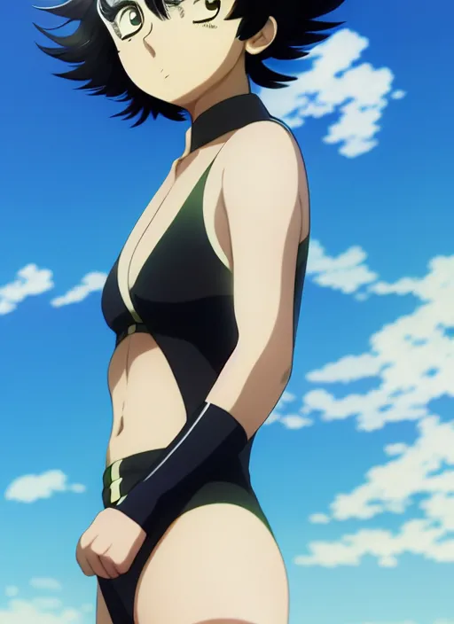 Image similar to film still portrait of fubuki from one punch man, wearing two - piece swimsuit, closeup at the faces, ilya kuvshinov, finely detailed feature, anime, deroo, pixiv top monthly, trending on artstation, cinematic, danbooru, zerochan art, kyoto animation