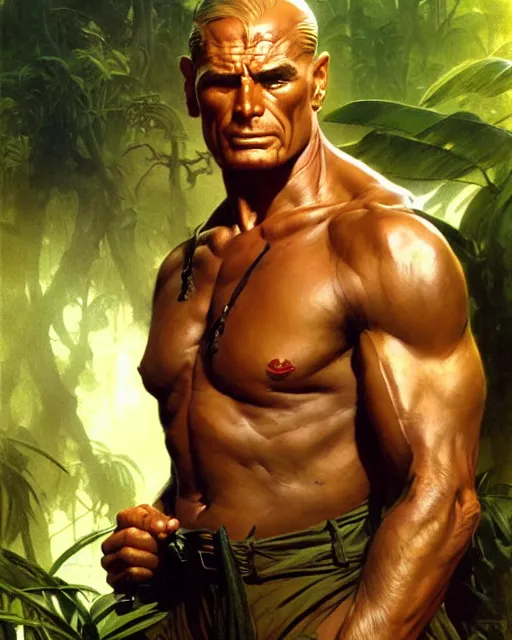 Prompt: doc savage in the jungle, fantasy character portrait, ultra realistic, concept art, intricate details, highly detailed by frank frazetta greg rutkowski, gaston bussiere, craig mullins, simon bisley ruan jia and mandy jurgens and artgerm and william - adolphe bouguereau and frank frazetta