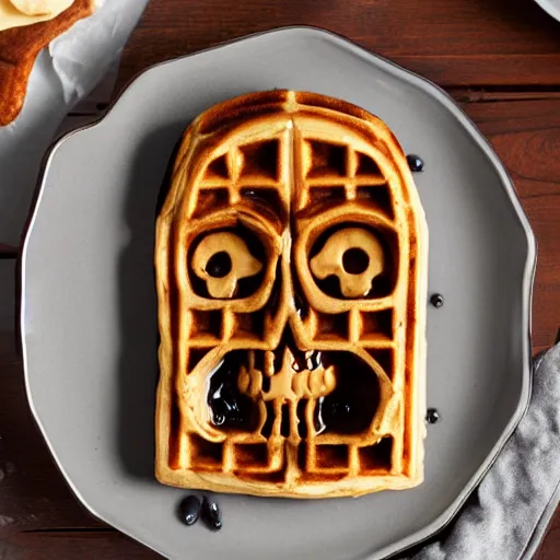 Image similar to photo of a delicious tasty waffle in the shape of a skull, syrup, food photography, 8 k high definition, insanely detailed, intricate