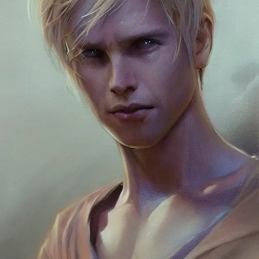 Image similar to a young blonde male jedi with short hair looking away at a threat full body shot concept art by Doug Chiang cinematic concept art, realistic painting, high definition, digital art, matte painting, symmetrical, very detailed, realistic, dramatic lighting, cinematic, establishing shot, extremely high detail, photo realistic, cinematic lighting, post processed, concept art, artstation, matte painting, red color scheme