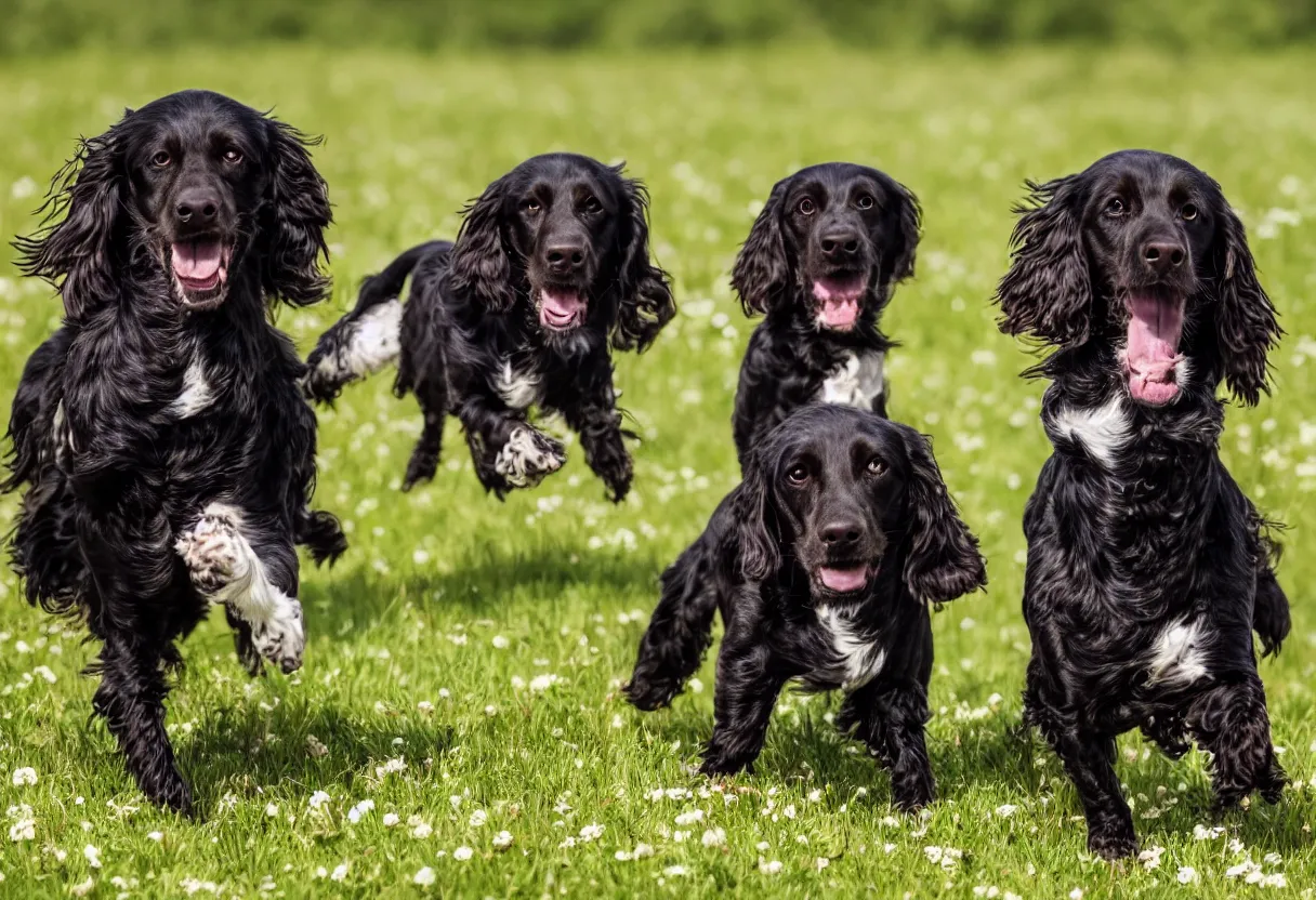 Prompt: Two spaniel dogs, one is black spaniel dog with white hair chest and one brown spaniel dog white hair chest running in a meadow low angle realism epic background 4k