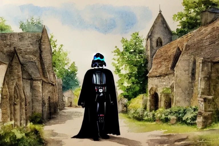 Image similar to a watercolor painting of darth vader leaving a medieval church in a quaint english village, landscape, trees