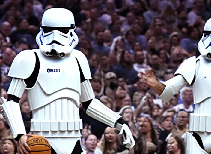 Prompt: ESPN still of Storm trooper playing in the nba playoffs live on espn, 4k