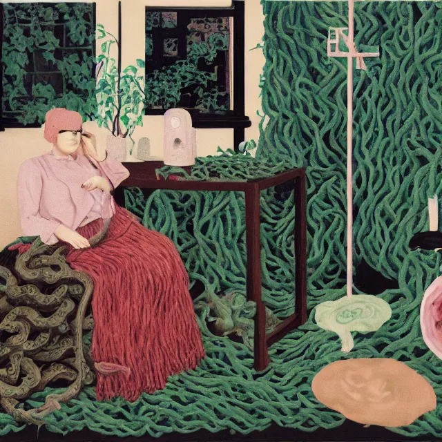 Image similar to a female pathology student in her apartment, wrapped in vines, medical equipment, stepping stones, octopus, first aid kit, pig, black walls, ikebana, black armchair, sculpture, acrylic on canvas, surrealist, by magritte and monet