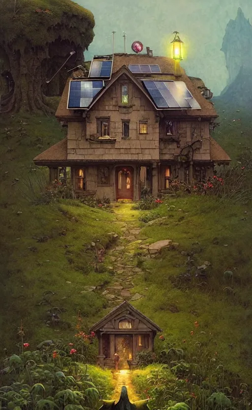 Image similar to a hyper realistic witchy cottage with solar panels on a tall hill, mountains, atmospheric lighting, lush foliage, painting by chiara bautista and tom bagshaw, mucha, beksinski and norman rockwell and greg rutkowski weta studio, and lucasfilm