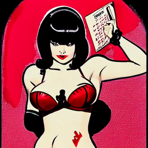 Prompt: bettie page in a vampirella micro bikini in the style of guido crepax