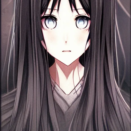 Image similar to full headshot portrait of a girl with long black hair, drawn by ATDAN, by Avetetsuya Studios, attractive character, colored sketch anime manga panel, trending on Pixiv