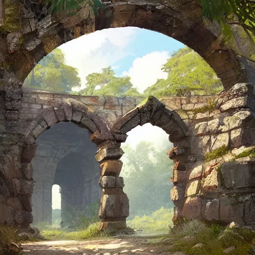 Image similar to concept art painting of an ornate ancient stone archway, in the woods, realistic, detailed, cel shaded, in the style of makoto shinkai and greg rutkowski and james gurney