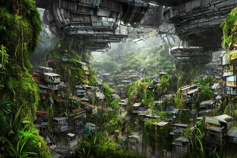 Prompt: favela winding cybernetic bunker, lush floral jungle environment, industrial factory, haunting, award winning art, epic dreamlike fantasy landscape, ultra realistic,