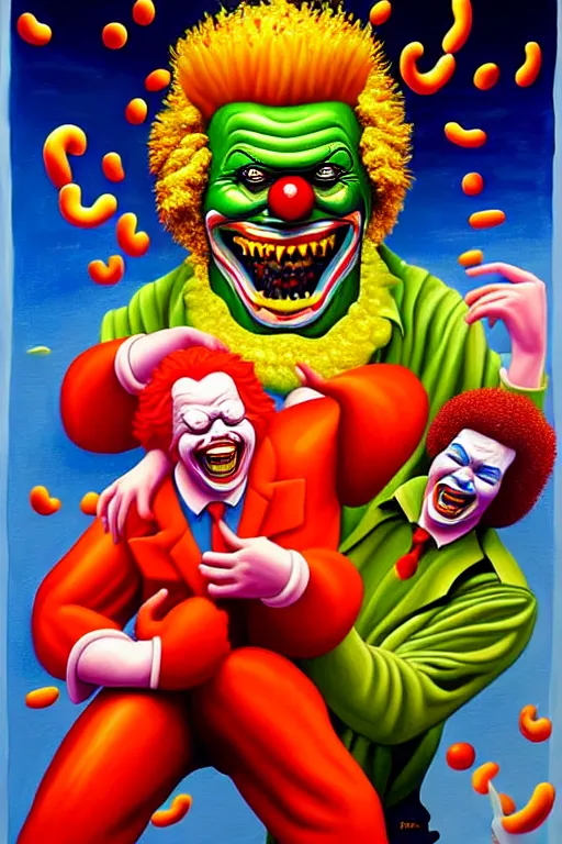 Prompt: a hyperrealistic painting of an epic boss fight ronald mcdonald vs burger king cinematic horror by chris cunningham, lisa frank, richard corben, highly detailed, vivid color,