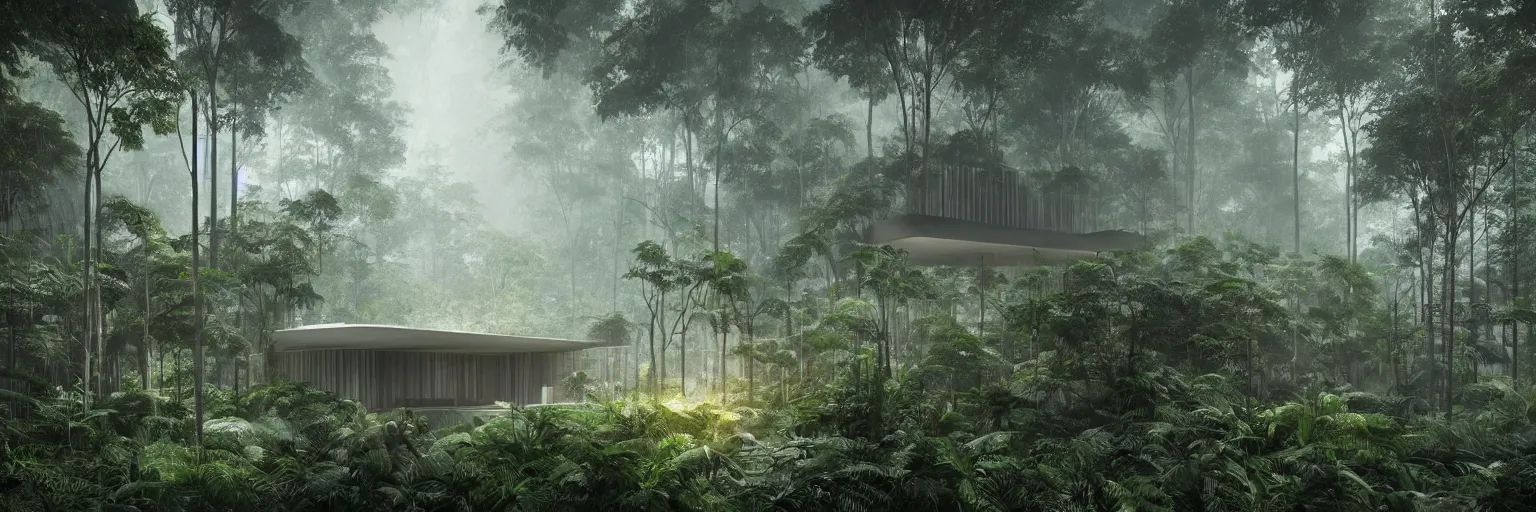 Image similar to modern architecture inspired by mies van der rohe deep in the rainforest. nature is taking over. matte painting in the style of craig mullins. mist. cinematic. octane render.