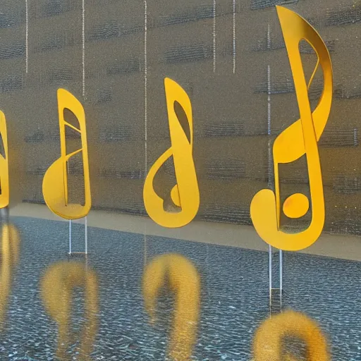 Image similar to a sculpture of music notation, three quater notes, art installation, made of polished reflective broze, cinematic light, rain, 8 k, unreal render, reflections,