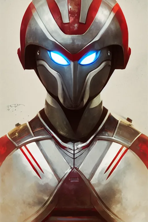 Image similar to portrait of a ultraman with japanese armor and helmet,, symmetrical, art by greg rutkowski, matte painting, trending on artstation