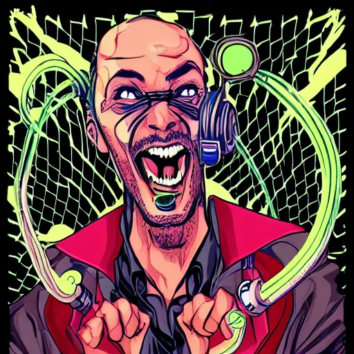 Image similar to artgerm, psychedelic laughing cybertronic dr. strange, rocking out, headphones dj rave, digital artwork, r. crumb, svg vector