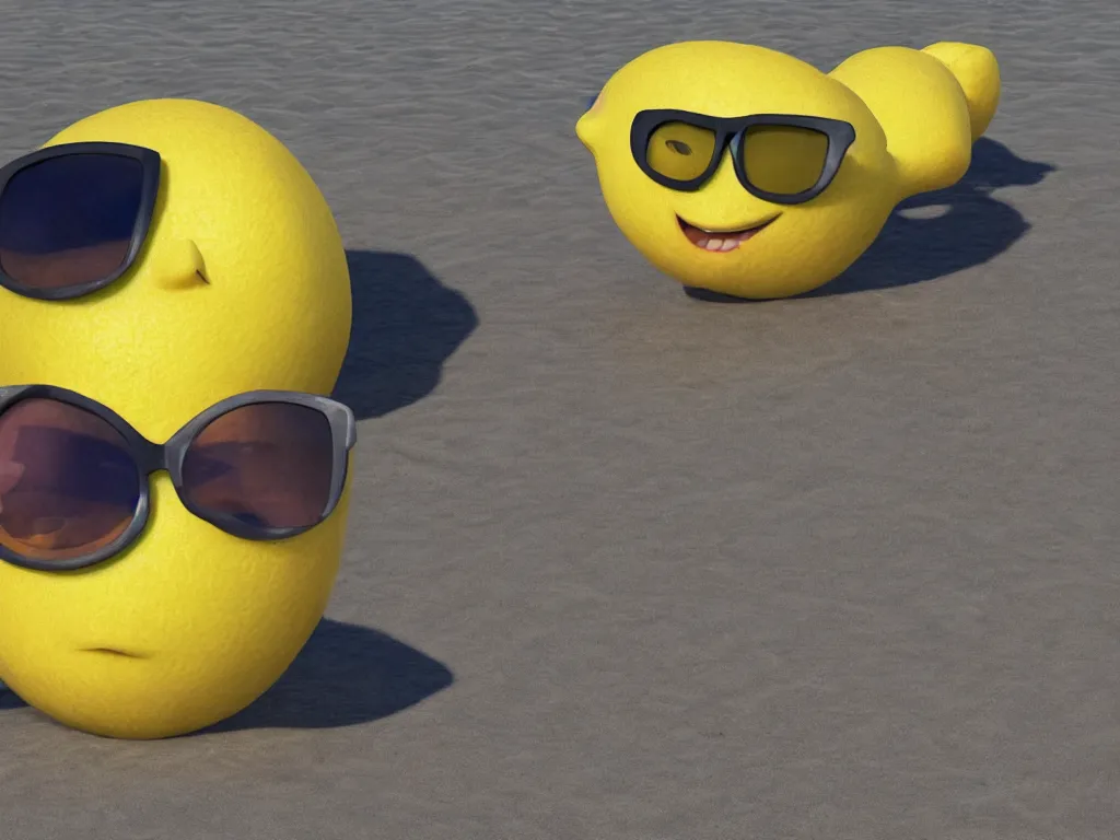 Prompt: a portrait of a pixar - style lemon wearing sunglasses on it's face, smiling, enjoying being at the beach. 8 k resolution, photo realistic, pixar style,